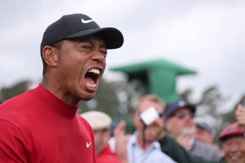 Tiger Woods (USA) celebrates winning on the 18th hole during the final round of the 2019 Masters golf tournament at the Augusta National Golf Club in Augusta, Georgia, United States, on April 14, 2019. Noxthirdxpartyxsales  (101271201)