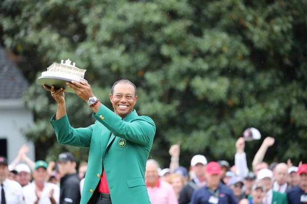 Tiger Woods (USA) celebrates with the trophy and Green Jacket during the award ceremony of the 2019 Masters golf tournament at the Augusta National Golf Club in Augusta, Georgia, United States, on April 14, 2019. Noxthirdxpartyxsales  (101271212)