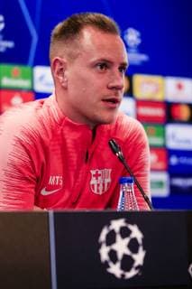 April 15, 2019 - Barcelona, Spain - Marc-Andre Ter Stegen goalkeeper of FC Barcelona Barca during the press conference PK Pressekonferenz before the second leg Champions League match of Quarter final between FC Barcelona and Manchester United ManU in Ciutat Esportiva Joan Gamper in Barcelona 15 of April of 2019, Spain. Marc-Andre Ter Stegen Press Conference Pre Champions League Match  - ZUMAn230 20190415_zaa_n230_109 Copyright: xXavierxBonillax
