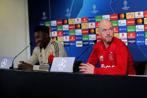 Turin, Italien, 15.04.2019, Ajax Amsterdam Pressekonferenz, Torwart Andre Onana (Ajax) und Trainer Erik Ten Hag (Ajax) Schauen ( DeFodi541