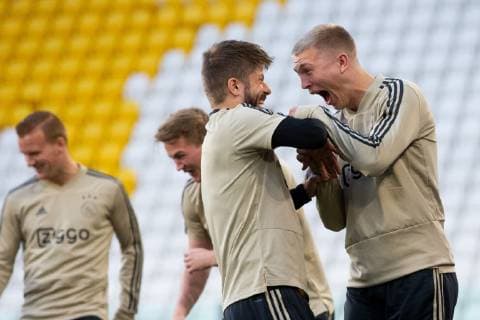 Lasse Schone of Ajax, Rasmus Kristensen of Ajax during a training session prior to the UEFA Champions League quarter final match between Juventus FC and Ajax Amsterdam at the Allianz Arena on April 15, 2019 in Turin, Italy UEFA Champions League 2018 2019 xVIxVIxImagesx xTomxBodexMultimediaxIVx 14210125