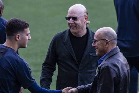 April 15, 2019 - Barcelona, Catalonia, Spain - Ole Gunnar Solskjr take with Avram Glazer and Joel Glazer owners of Manchester United ManU during the training session before the second leg Champions League match of Quarter final between FC Barcelona Barca and Manchester United in Camp Nou Stadium in Barcelona 15 of April of 2019, Spain. Manchester United Training Session  - ZUMAn230 20190415_zaa_n230_271 Copyright: xXavierxBonillax