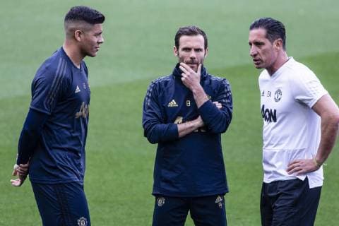 April 15, 2019 - Barcelona, Catalonia, Spain - 08 Juan Mata of Manchester United ManU and 16 Marcos Rojo of Manchester United during the training session before the second leg Champions League match of Quarter final between FC Barcelona Barca and Manchester United in Camp Nou Stadium in Barcelona 15 of April of 2019, Spain. Manchester United Training Session  - ZUMAn230 20190415_zaa_n230_272 Copyright: xXavierxBonillax