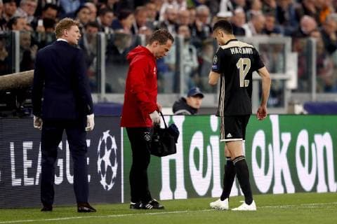 TORINO, Football,16-04-2019, Allianz Stadium . Champions League quarter finals second leg Juventus - Ajax. Ajax player Noussair Mazraoui (R) injured during the game Juventus - Ajax . Juventus - Ajax  x3199716x