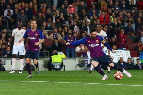 Lionel Messi of FC Barcelona Barca scores the opening goal during the UEFA Champions League match at Camp Nou, Barcelona. Picture date: 16th April 2019. Picture credit should read: Craig Mercer Sportimage EDITORIAL USE ONLY. No use with unauthorised audio, video, data, fixture lists, club league logos or live services. Online in-match use limited to 120 images, no video emulation. No use in betting, games or single club league player publications. SPI-0042-0006