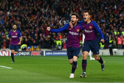 Lionel Messi of FC Barcelona Barca celebrates scoring the opening goal with team mate Philippe Coutinho during the UEFA Champions League match at Camp Nou, Barcelona. Picture date: 16th April 2019. Picture credit should read: Craig Mercer Sportimage EDITORIAL USE ONLY. No use with unauthorised audio, video, data, fixture lists, club league logos or live services. Online in-match use limited to 120 images, no video emulation. No use in betting, games or single club league player publications. SPI-0042-0010