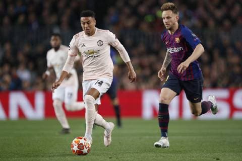 (L-R) Jesse Lingard of Manchester United ManU Ivan Rakitic of FC Barcelona Barca during the UEFA Champions League quarter final match between FC Barcelona and Manchester United FC at Camp Nou on April 16, 2019 in Barcelona, Spain UEFA Champions League 2018 2019 xVIxVIxImagesx xMauricexvanxSteenxIVx 14214965