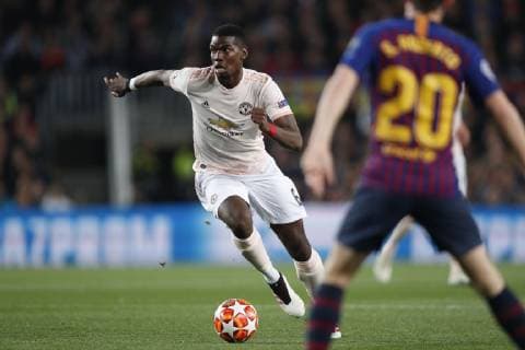 (L-R) Paul Pogba of Manchester United ManU Sergi Roberto of FC Barcelona Barca during the UEFA Champions League quarter final match between FC Barcelona and Manchester United FC at Camp Nou on April 16, 2019 in Barcelona, Spain UEFA Champions League 2018 2019 xVIxVIxImagesx xMauricexvanxSteenxIVx 14214967