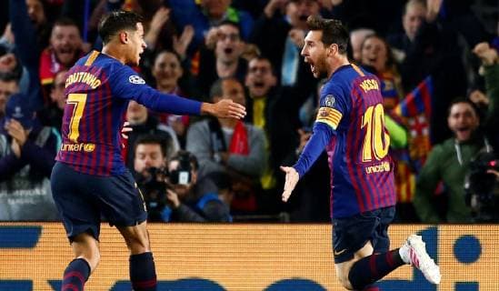 FC Barcelona Barca s forward Leo Messi (R) celebrates with his teammate Philippe Coutinho (L) after scoring the 1-0 during the UEFA Champions League quarter-final second leg match between FC Barcelona and Manchester United ManU at Camp Nou stadium in Barcelona, Catalonia, Spain, 16 April 2019. FC Barcelona - Manchester United !ACHTUNG: NUR REDAKTIONELLE NUTZUNG!  Copyright: xEnricxFontcubertax GRAF2556 20190416-636910470872644251