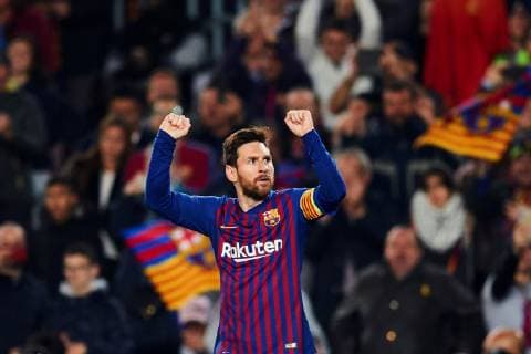 FC Barcelona Barca s forward Leo Messi celebrates after scoring the 1-0 during the UEFA Champions League quarter-final second leg match between FC Barcelona and Manchester United ManU at Camp Nou stadium in Barcelona, Catalonia, Spain, 16 April 2019. FC Barcelona - Manchester United !ACHTUNG: NUR REDAKTIONELLE NUTZUNG!  Copyright: xAlejandroxGarciax GRAF2576 20190416-636910473986376615