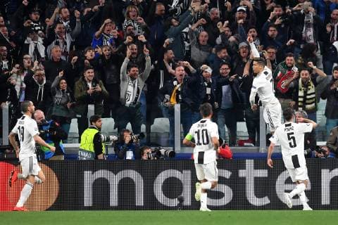 Cristiano Ronaldo of Juventus celebrates after scoring a goal of 1-0 during the Uefa Champions League 2018 2019 round of 8 second leg football match between Juventus FC and Ajax Amsterdam at Juventus stadium, Turin, March, 12, 2019 Foto Andrea Staccioli Insidefoto andreaxstaccioli