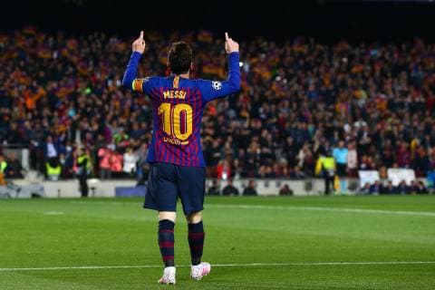 Lionel Messi of FC Barcelona Barca celebrates scoring the opening goal during the UEFA Champions League match at Camp Nou, Barcelona. Picture date: 16th April 2019. Picture credit should read: Craig Mercer Sportimage EDITORIAL USE ONLY. No use with unauthorised audio, video, data, fixture lists, club league logos or live services. Online in-match use limited to 120 images, no video emulation. No use in betting, games or single club league player publications. SPI-0042-0023