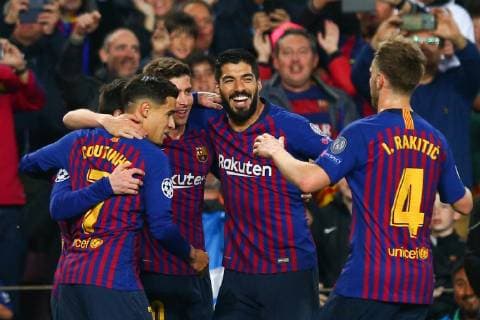Lionel Messi (hidden) of FC Barcelona Barca celebrates scoring his side s second goal with team-mates during the UEFA Champions League match at Camp Nou, Barcelona. Picture date: 16th April 2019. Picture credit should read: Craig Mercer Sportimage EDITORIAL USE ONLY. No use with unauthorised audio, video, data, fixture lists, club league logos or live services. Online in-match use limited to 120 images, no video emulation. No use in betting, games or single club league player publications. SPI-0042-0027