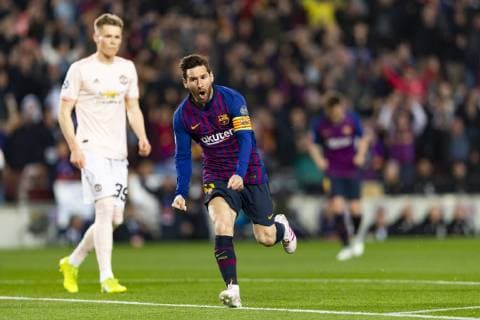 16.04.2019, xslx, Fussball Champions League, FC Barcelona Barca - Manchester United ManU FC emspor, v.l. Lionel Messi (FC Barcelona) Jubelt nach den Tor zum 1-0 (DFL DFB REGULATIONS PROHIBIT ANY USE OF PHOTOGRAPHS as IMAGE SEQUENCES and or QUASI-VIDEO) Barcelona