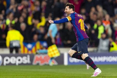 16.04.2019, xslx, Fussball Champions League, FC Barcelona Barca - Manchester United ManU FC emspor, v.l. Lionel Messi (FC Barcelona) Jubelt nach den Tor zum 2-0 (DFL DFB REGULATIONS PROHIBIT ANY USE OF PHOTOGRAPHS as IMAGE SEQUENCES and or QUASI-VIDEO) Barcelona