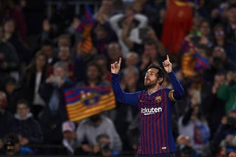 April 16, 2019 - Barcelona, Catalonia, Spain - Lionel Messi of Barcelona celebrates after scoring his sides first goal during the UEFA Champions League Quarter Final second leg match between FC Barcelona Barca and Manchester United ManU at Camp Nou on April 16, 2019 in Barcelona, Spain. FC Barcelona v Manchester United - UEFA Champions League Quarter Final: Second Leg  - ZUMAn230 20190416_zaa_n230_280 Copyright: xJosexBretonx