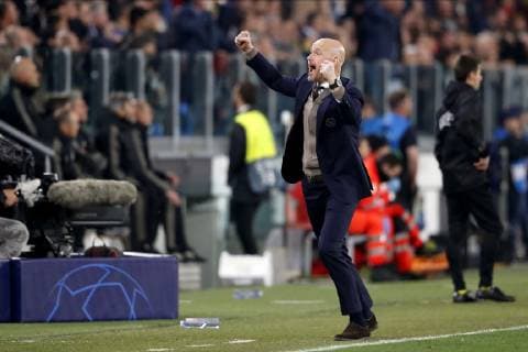TORINO, Football,16-04-2019, Allianz Stadium . Champions League quarter finals second leg Juventus - Ajax. Ajax trainer coach Erik ten Hag celebrating the 1-2 during the game Juventus - Ajax . Juventus - Ajax  x3200307x