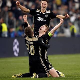 TORINO, Football,16-04-2019, Allianz Stadium . Champions League quarter finals second leg Juventus - Ajax. Ajax player Lasse Schone (L) and Ajax player Matthijs de Ligt (R) celebrating the win after the game Juventus - Ajax (1-2). Juventus - Ajax  x3200652x