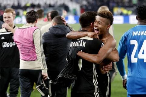 TORINO, Football,16-04-2019, Allianz Stadium . Champions League quarter finals second leg Juventus - Ajax. Ajax player David Neres (R) celebrating the win after the game Juventus - Ajax (1-2). Juventus - Ajax  x3200656x