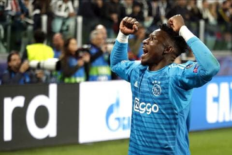 TORINO, Football,16-04-2019, Allianz Stadium . Champions League quarter finals second leg Juventus - Ajax. Ajax goalkeeper Andre Onana celebrating the win after the game Juventus - Ajax (1-2). Juventus - Ajax  x3200657x