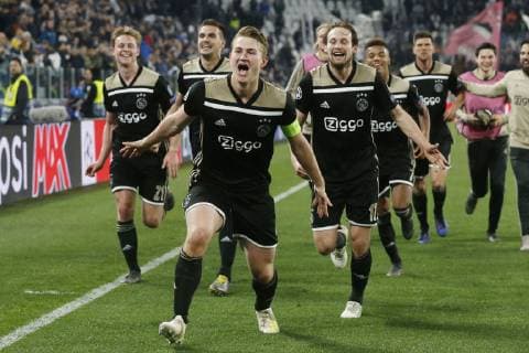 Frenkie de Jong of Ajax, Dusan Tadic of Ajax, Matthijs de Ligt of Ajax, Daley Blind of Ajax, David Neres of Ajax during the UEFA Champions League quarter final match between Juventus FC and Ajax Amsterdam at the Allianz Arena on April 16, 2019 in Turin, Italy UEFA Champions League 2018 2019 xVIxVIxImagesx xTomxBodexMultimediaxIVx 14215883