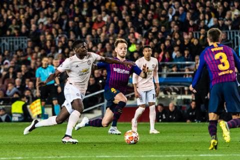 April 16, 2019 - Barcelona, Barcelona, Spain - Ivan Rakitic, 4 of FC Barcelona Barca and Paul Pogba, 6 of Manchester United ManU during the UEFA Champions League Quarter Final, 2nd leg match between FC Barcelona and Manchester United at Camp Nou stadium, in Barcelona, Spain. April 16, 2019. FOOTBALL - CHAMPIONS LEAGUE - FC BARCELONA V MANCHESTER UNITED - ZUMAa181 20190416_zaa_a181_099 Copyright: xAFP7x