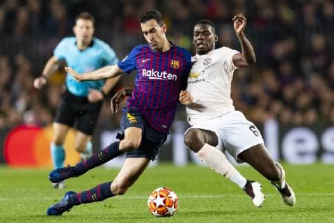 16.04.2019, xslx, Fussball Champions League, FC Barcelona Barca - Manchester United ManU FC emspor, v.l. Sergio Busquets (FC Barcelona), Paul Pogba (Manchester United) (DFL DFB REGULATIONS PROHIBIT ANY USE OF PHOTOGRAPHS as IMAGE SEQUENCES and or QUASI-VIDEO) Barcelona