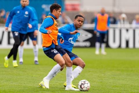 Gelsenkirchen, Germany 17.04.2019, Training FC Schalke 04, Weston McKennie (S04) und Amine Harit (S04) im Zweikampf ( DeFodi053