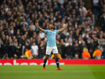 Manchester City v Tottenham Hotspur UEFA Champions League Raheem Sterling of Manchester City celebrates after scoring his team s 1st goal to make it 1-0 during the second leg of the UEFA Champions League quarter-final match at the Etihad Stadium, Manchester Content Not Available For UK Newspapers Copyright: xRussellxHartx FIL-13127-0002