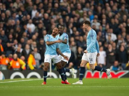 Manchester City v Tottenham Hotspur UEFA Champions League Raheem Sterling of Manchester City celebrates after scoring his team s 1st goal to make it 1-0 during the second leg of the UEFA Champions League quarter-final match at the Etihad Stadium, Manchester Content Not Available For UK Newspapers Copyright: xRussellxHartx FIL-13127-0003
