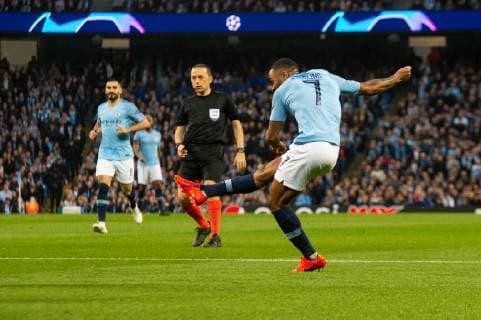 Manchester City v Tottenham Hotspur UEFA Champions League Raheem Sterling of Manchester City strikes his sides first goal during the second leg of the UEFA Champions League quarter-final match at the Etihad Stadium, Manchester Content Not Available For UK Newspapers Copyright: xMattxWilkinsonx FIL-13126-0023