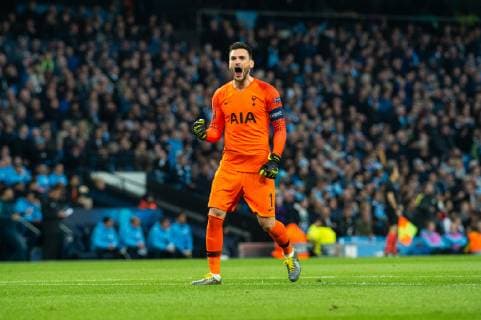 Manchester City v Tottenham Hotspur UEFA Champions League Tottenham Hotspur goalkeeper Hugo Lloris celebrates after his sides first goal during the second leg of the UEFA Champions League quarter-final match at the Etihad Stadium, Manchester Content Not Available For UK Newspapers Copyright: xMattxWilkinsonx FIL-13126-0025