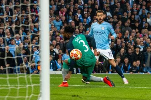Manchester City v Tottenham Hotspur UEFA Champions League Bernardo Silva of Manchester City with a strike past Danny Rose of Tottenham Hotspur which deflects in to the net for his sides second goal during the second leg of the UEFA Champions League quarter-final match at the Etihad Stadium, Manchester Content Not Available For UK Newspapers Copyright: xMattxWilkinsonx FIL-13126-0029