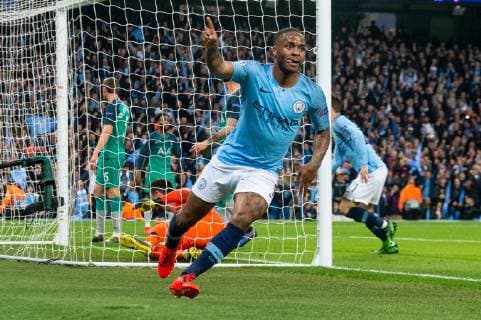 Manchester City v Tottenham Hotspur UEFA Champions League Raheem Sterling of Manchester City celebrates after scoring his sides third goal during the second leg of the UEFA Champions League quarter-final match at the Etihad Stadium, Manchester Content Not Available For UK Newspapers Copyright: xMattxWilkinsonx FIL-13126-0031