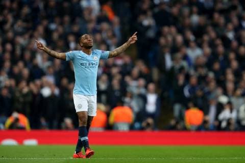 Football - 2018 2019 UEFA Champions League - Quarter-Final, Second Leg: Manchester City (0) vs. Tottenham Hotspur (1) Raheem Sterling of Manchester City celebrates scoring his sides first goal to make the score 1-0, at The Etihad. COLORSPORT PAUL GREENWOOD 