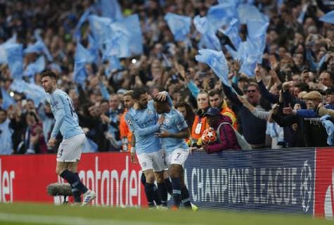 Raheem Sterling is congratulated by Bernardo Silva of Manchester City adore opening the scoringduring the UEFA Champions League match at the Etihad Stadium, Manchester. Picture date: 17th April 2019. Picture credit should read: Darren Staples Sportimage EDITORIAL USE ONLY. No use with unauthorised audio, video, data, fixture lists, club league logos or live services. Online in-match use limited to 120 images, no video emulation. No use in betting, games or single club league player publications. SPI-0043-0016