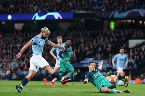 Football - 2018 2019 UEFA Champions League - Quarter-Final, Second Leg: Manchester City (0) vs. Tottenham Hotspur (1) Sergio Aguero of Manchester City scores his sides fourth goal to make the score 4-2, at The Etihad. COLORSPORT PAUL GREENWOOD 