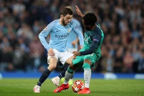 Football - 2018 2019 UEFA Champions League - Quarter-Final, Second Leg: Manchester City (0) vs. Tottenham Hotspur (1) Bernardo Silva of Manchester City is tackled by Danny Rose of Tottenham Hotspur, at The Etihad. COLORSPORT PAUL GREENWOOD 