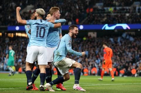 Football - 2018 2019 UEFA Champions League - Quarter-Final, Second Leg: Manchester City (0) vs. Tottenham Hotspur (1) Manchester City players celebrate the fourth goal scored by Sergio Aguero, at The Etihad. COLORSPORT PAUL GREENWOOD 