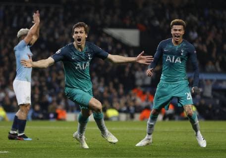 Fernando Llorente of Tottenham scores the their third goal off his hip during the UEFA Champions League match at the Etihad Stadium, Manchester. Picture date: 17th April 2019. Picture credit should read: Darren Staples Sportimage EDITORIAL USE ONLY. No use with unauthorised audio, video, data, fixture lists, club league logos or live services. Online in-match use limited to 120 images, no video emulation. No use in betting, games or single club league player publications. SPI-0043-0034