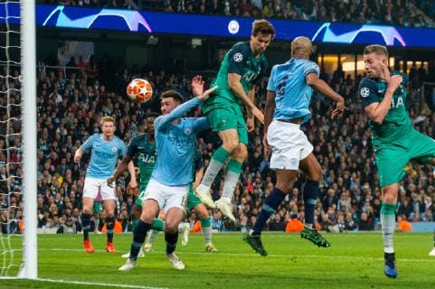 Manchester City v Tottenham Hotspur UEFA Champions League Fernando Llorente of Tottenham Hotspur (third from right) heads his sides third goal during the second leg of the UEFA Champions League quarter-final match at the Etihad Stadium, Manchester Content Not Available For UK Newspapers Copyright: xMattxWilkinsonx FIL-13126-0052