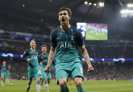 Fernando Llorente of Tottenham scores the their third goal off his hip during the UEFA Champions League match at the Etihad Stadium, Manchester. Picture date: 17th April 2019. Picture credit should read: Darren Staples Sportimage EDITORIAL USE ONLY. No use with unauthorised audio, video, data, fixture lists, club league logos or live services. Online in-match use limited to 120 images, no video emulation. No use in betting, games or single club league player publications. SPI-0043-0041