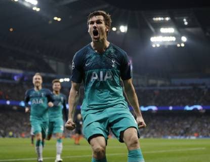 Fernando Llorente of Tottenham scores the their third goal off his hip during the UEFA Champions League match at the Etihad Stadium, Manchester. Picture date: 17th April 2019. Picture credit should read: Darren Staples Sportimage EDITORIAL USE ONLY. No use with unauthorised audio, video, data, fixture lists, club league logos or live services. Online in-match use limited to 120 images, no video emulation. No use in betting, games or single club league player publications. SPI-0043-0043