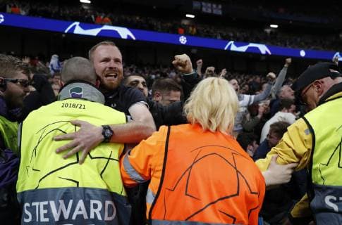 Tottenham fans celebrate following their third goal during the UEFA Champions League match at the Etihad Stadium, Manchester. Picture date: 17th April 2019. Picture credit should read: Darren Staples Sportimage EDITORIAL USE ONLY. No use with unauthorised audio, video, data, fixture lists, club league logos or live services. Online in-match use limited to 120 images, no video emulation. No use in betting, games or single club league player publications. SPI-0043-0046