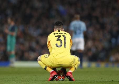 Ederson of Manchester City during the UEFA Champions League match at the Etihad Stadium, Manchester. Picture date: 17th April 2019. Picture credit should read: Darren Staples Sportimage EDITORIAL USE ONLY. No use with unauthorised audio, video, data, fixture lists, club league logos or live services. Online in-match use limited to 120 images, no video emulation. No use in betting, games or single club league player publications. SPI-0043-0051