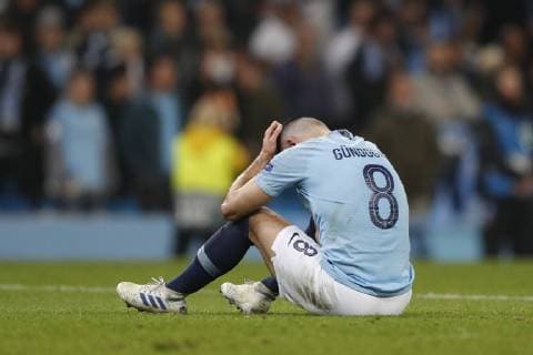 Ilkay Gundogan of Manchester City dejected during the UEFA Champions League match at the Etihad Stadium, Manchester. Picture date: 17th April 2019. Picture credit should read: Darren Staples Sportimage EDITORIAL USE ONLY. No use with unauthorised audio, video, data, fixture lists, club league logos or live services. Online in-match use limited to 120 images, no video emulation. No use in betting, games or single club league player publications. SPI-0043-0069