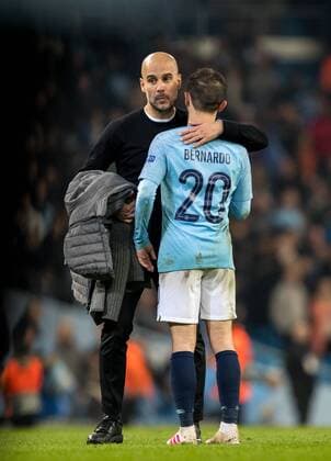 Man City Manager Pep Guardiola & Bernardo Silva of Man City at full time during the UEFA Champions League QF 2nd leg match between Manchester City and Tottenham Hotspur at the Etihad Stadium, Manchester, England on 17 April 2019. Copyright: xAndyxRowlandx PMI-2761-0020