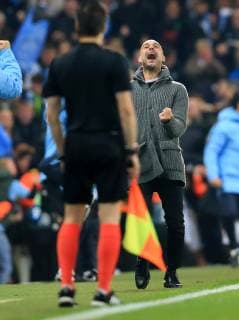 17th April 2019, Etihad Stadium, Manchester, England; UEFA Champions League football, quarter final 2nd leg, Manchester City versus Tottenham Hotspur; Manchester City manager Pep Guardiola celebrates the late winning goal of Raheem Sterling of Manchester City before it is disallowed  ActionPlus12125024 DavidxBlunsden