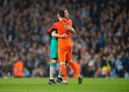 Manchester City v Tottenham Hotspur UEFA Champions League Jan Vertonghen of Tottenham Hotspur (left) with team-mate Hugo Lloris following during the second leg of the UEFA Champions League quarter-final match at the Etihad Stadium, Manchester Content Not Available For UK Newspapers Copyright: xRussellxHartx FIL-13127-0039