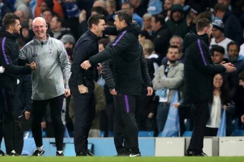 Football - 2018 2019 UEFA Champions League - Quarter-Final, Second Leg: Manchester City (0) vs. Tottenham Hotspur (1) Manchester City manager Josep Guardiola celebrates at the final whistle, at The Etihad. COLORSPORT PAUL GREENWOOD 